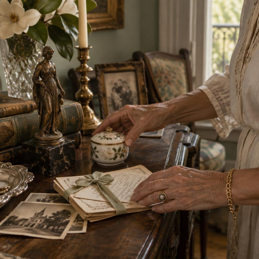 Family letters and heirlooms being carefully arranged